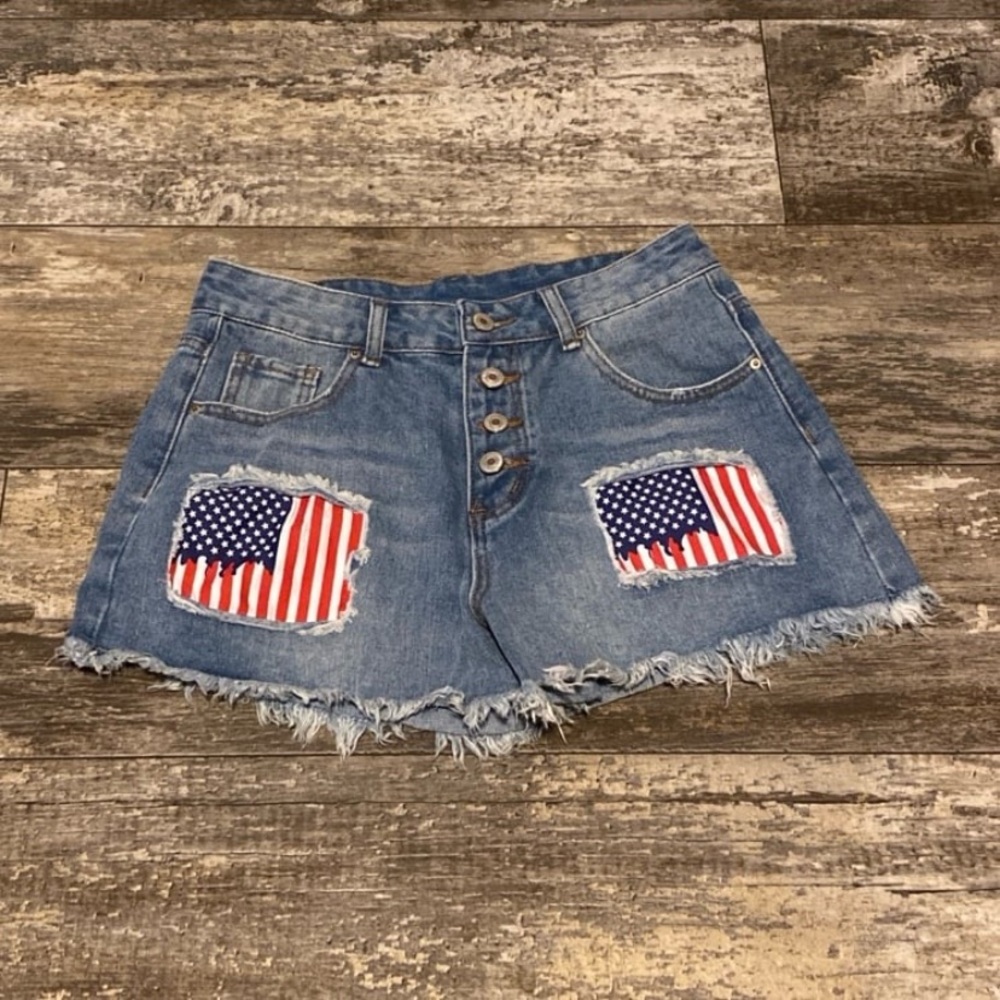 Denim Shorts with American Flag Patches Size 7/8 Women